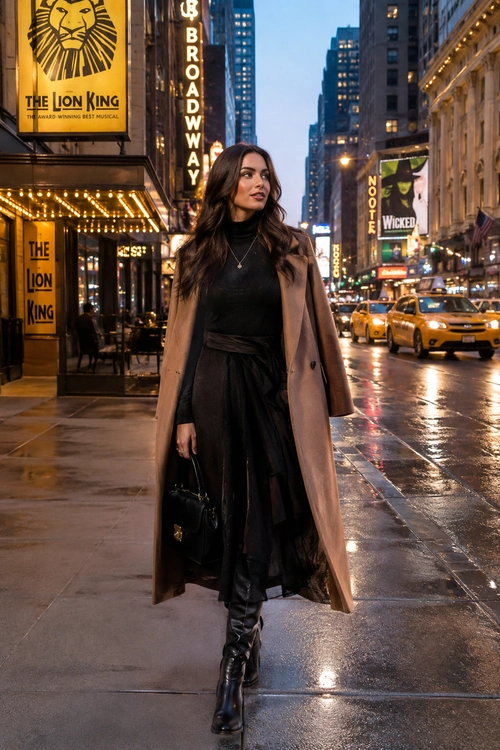 Black Turtleneck and Camel Coat Look Woman wearing a black turtleneck, flowing black skirt, camel long coat, black boots, and a small black handbag on a city street.
