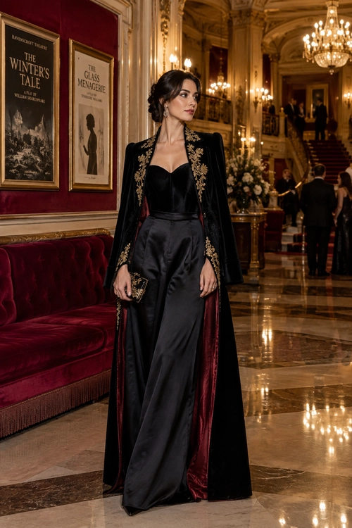 Black Velvet Cape Evening Look A woman wears a black velvet cape with gold embroidery over a black satin top and wide-leg trousers, carrying a small embellished clutch.