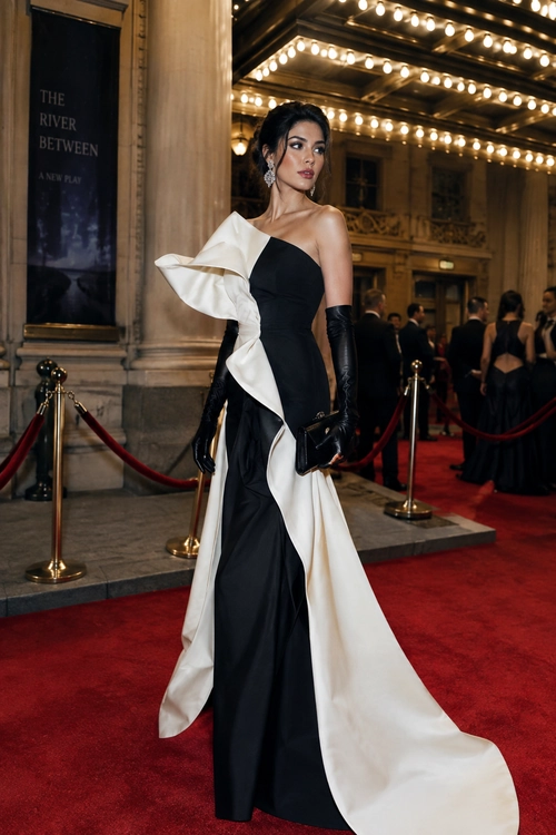 Black and White Sculptural Evening Gown A woman wears a black one-shoulder evening gown with dramatic white draping, long black gloves, and a small black clutch on a red carpet.