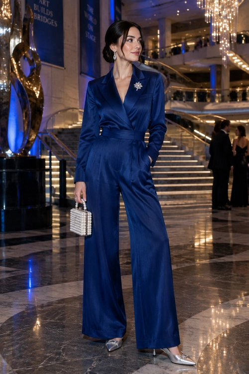 Blue Satin Wrap Jumpsuit Woman wearing a deep blue satin wrap jumpsuit with wide-leg trousers, a brooch, a beaded clutch, drop earrings, and silver pointed heels.