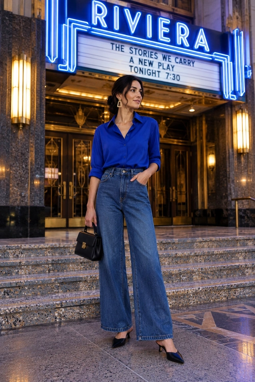 Blue Shirt and Wide-Leg Jeans Outfit A woman wears a cobalt blue button-down shirt with high-waisted wide-leg jeans, black pointed shoes, drop earrings, and a black handbag.