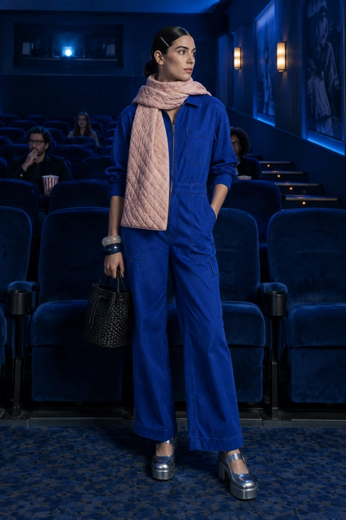 A woman wears a blue long-sleeve utility jumpsuit with wide legs, a quilted pink scarf, a black handbag, and silver platform shoes.