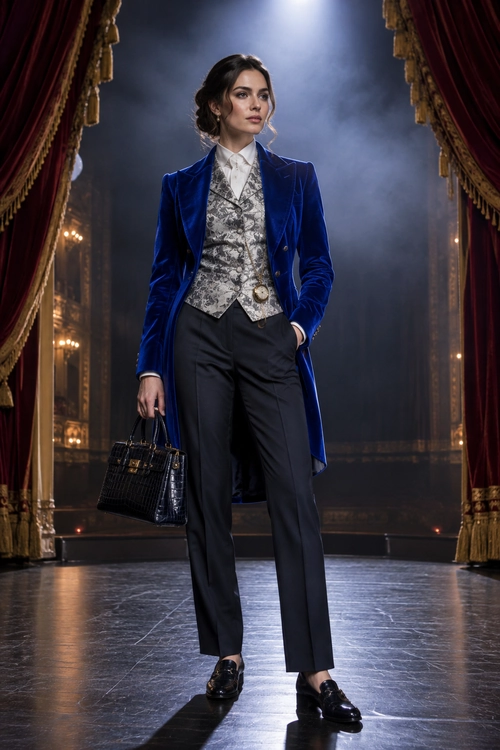 A tailored outfit featuring a royal blue velvet blazer, patterned waistcoat, white shirt, black trousers, loafers, and a structured handbag.