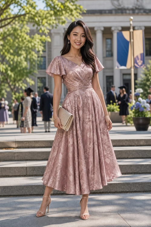 A woman wears a blush pink floral-patterned midi dress with flutter sleeves, a beige clutch, and nude strappy heels.