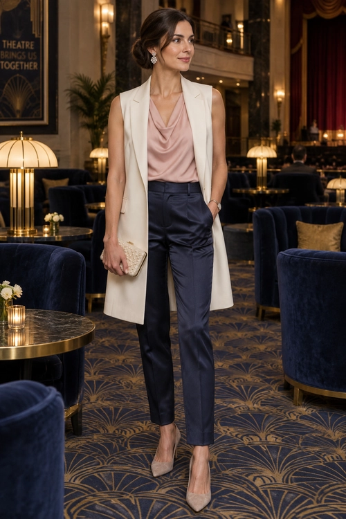A woman wears a blush draped top with a long cream vest, tailored navy trousers, nude pointed heels, and a small textured clutch.