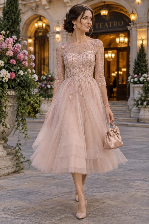 Blush Tulle Occasion Dress Woman wearing a blush pink embellished tulle midi dress with three-quarter sleeves, pointed pumps, and a small satin handbag.