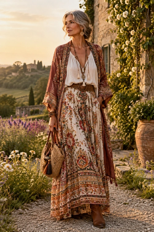Bohemian Floral Maxi Skirt Outfit A woman wears a floral maxi skirt with a white blouse, patterned rust kimono, brown belt, woven handbag, layered necklaces, and brown ankle boots.
