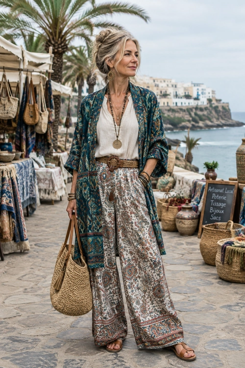 Bohemian Printed Kimono Outfit A woman wears a teal patterned kimono over a cream top with printed wide-leg trousers, a woven belt, sandals, and a straw tote.
