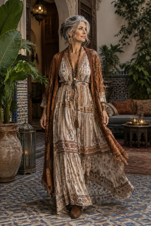 Bohemian Printed Maxi Dress Woman wearing a cream patterned maxi dress with a long rust-brown cardigan, layered pendant necklaces, jewelry, and brown ankle boots.