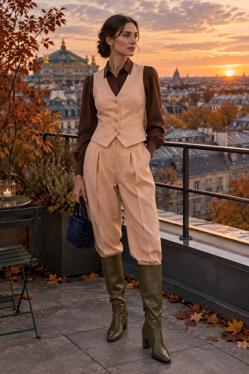 Brown Blouse and Tailored Beige Suit Woman wearing a brown blouse, beige button-front vest and pleated trousers with olive knee-high boots and a dark beaded handbag.
