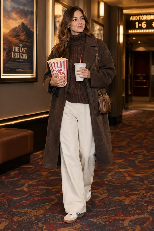 A woman wears a long brown coat over a dark brown turtleneck sweater with cream wide-leg pants, light sneakers, and a brown shoulder bag.