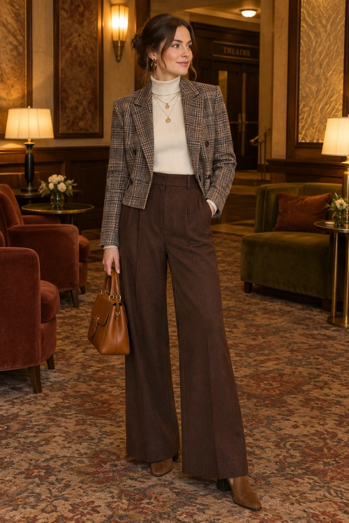 A tailored outfit featuring a brown plaid blazer, cream turtleneck, brown wide-leg trousers, brown ankle boots, and a structured handbag.