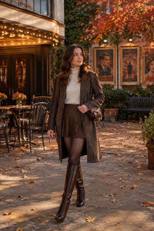 Woman wearing a brown plaid long coat over a cream turtleneck, brown shorts, dark tights, knee-high brown boots, and a shoulder bag.