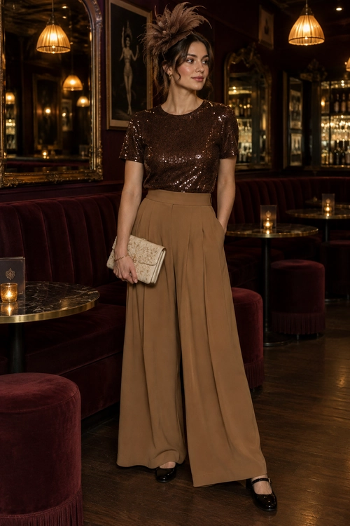 A woman wears a brown sequin short-sleeve top with camel wide-leg trousers, a cream clutch, black strap shoes, and a feather hair accessory.