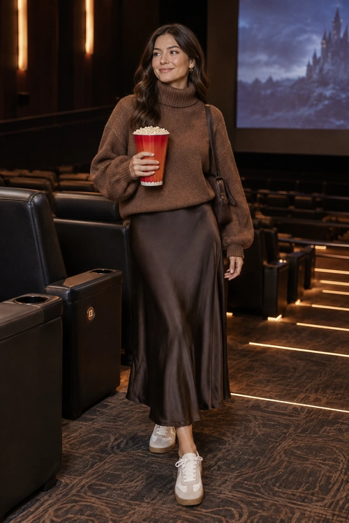 Woman wearing a brown turtleneck sweater, dark brown satin skirt, white sneakers, and a shoulder bag while holding popcorn in a cinema.