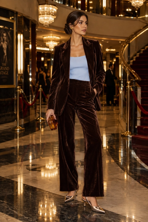 A woman wears a brown velvet blazer and wide-leg trousers with a light blue top and metallic pointed-toe heels.