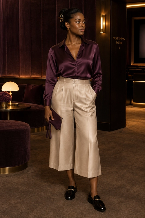 A woman wears a burgundy satin blouse with cream cropped wide-leg trousers, black loafers, and a matching burgundy clutch.