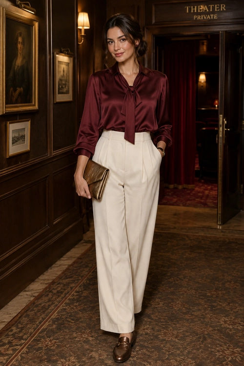 Burgundy Blouse and Cream Trousers Outfit A woman wears a burgundy satin tie-neck blouse with cream wide-leg trousers, brown loafers, and a brown clutch.