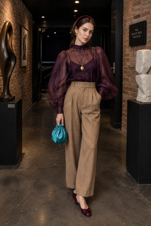Burgundy Blouse and Wide-Leg Trousers A woman wearing a sheer burgundy puff-sleeve blouse, high-waisted tan wide-leg trousers, burgundy flats, and carrying a teal handbag.