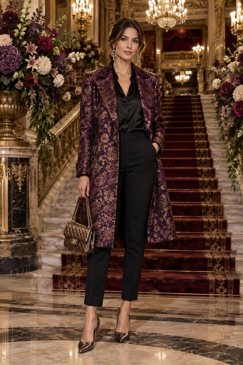 Burgundy Brocade Coat Outfit A woman wears a burgundy floral brocade coat over a black satin blouse and tailored trousers with pointed heels and a quilted chain-strap bag.