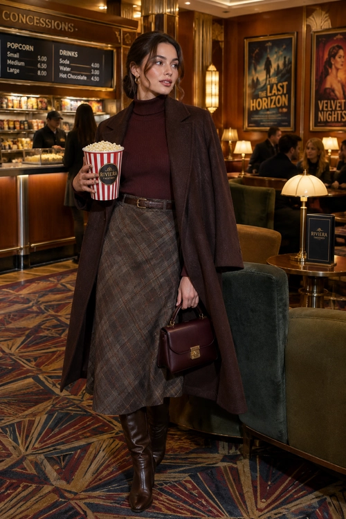 A woman wears a burgundy turtleneck, long brown coat, plaid midi skirt, knee-high brown boots, and carries a burgundy handbag while holding popcorn.