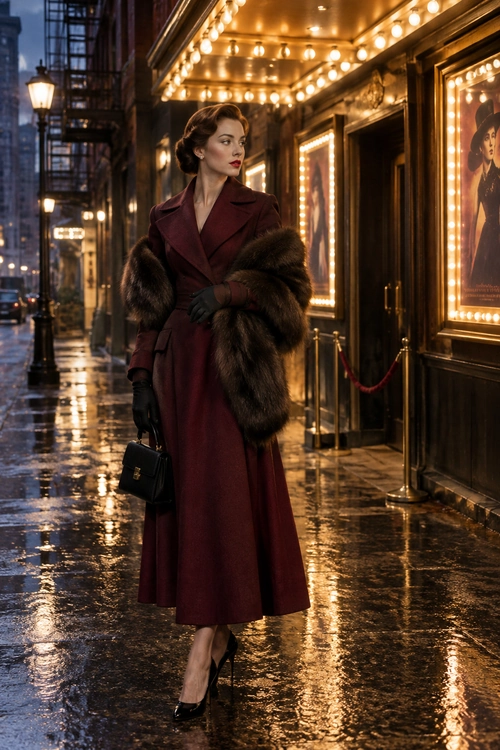 A woman wears a burgundy belted coat with a dark fur stole, black gloves, a black handbag, and pointed heels outside a theater at night.