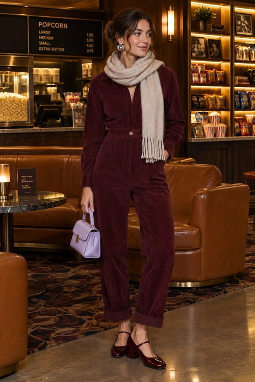 A woman wears a burgundy corduroy jumpsuit with a beige scarf, burgundy Mary Jane heels, and a lavender handbag.