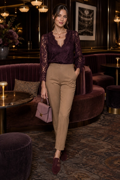 A woman wears a burgundy lace long-sleeve blouse with beige tailored trousers, burgundy loafers, and a mauve handbag.
