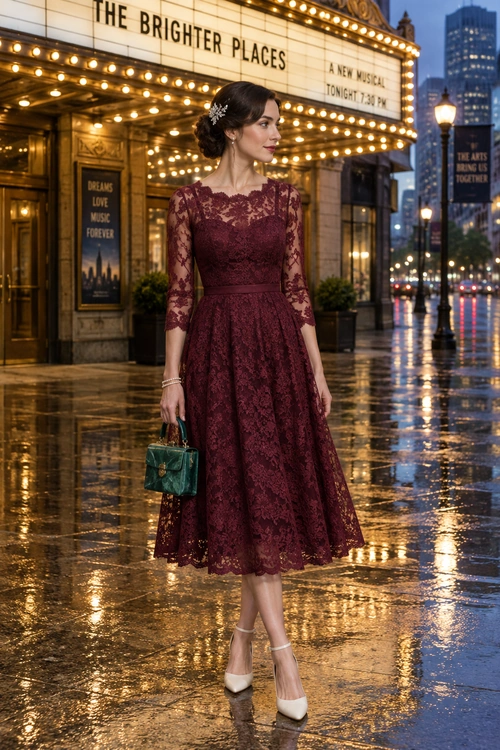 Burgundy Lace Dress with Emerald Handbag A woman wears a burgundy lace midi dress with ivory pointed-toe heels and carries a small emerald green handbag on a rainy city street.