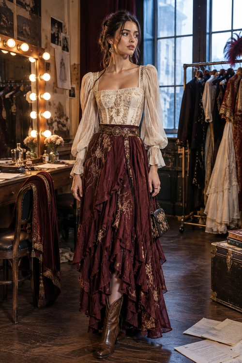 A woman wears a cream lace bodice with sheer puff sleeves, a burgundy tiered maxi skirt, a wide belt, and brown leather boots.