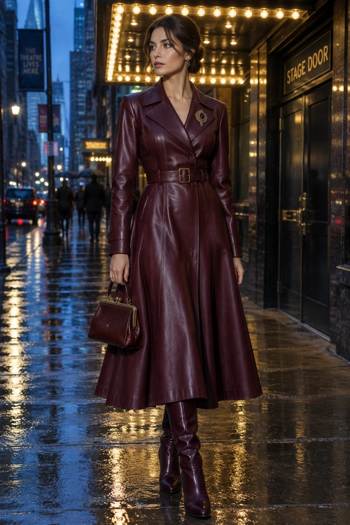 Woman wearing a burgundy leather belted midi dress with knee-high boots, a structured handbag, and a gold brooch outside a theater.