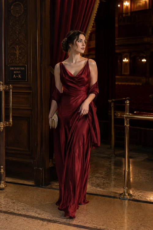 A woman wears a floor-length burgundy satin gown with a draped neckline, matching wrap, and metallic clutch.