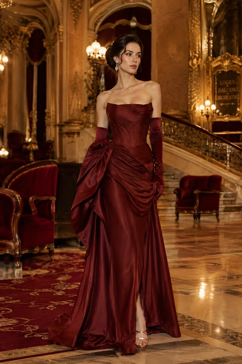 Burgundy Strapless Evening Gown A woman wears a burgundy strapless satin evening gown with draped ruching, long matching gloves, earrings, and strappy heels.