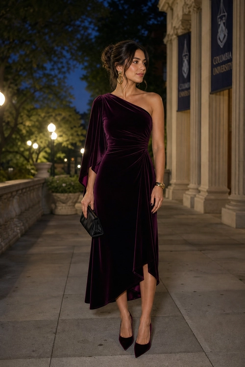 A woman wears a burgundy velvet one-shoulder dress with an asymmetrical hem, pointed heels, gold earrings, and a black clutch.