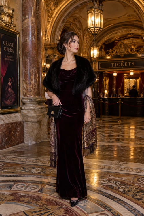 A woman wears a floor-length burgundy velvet dress with a black fur stole, patterned shawl, black clutch, and pointed shoes in an ornate opera interior.