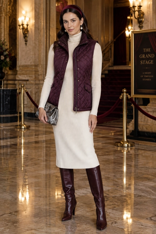 A woman wears a cream ribbed turtleneck knit dress with a burgundy quilted vest, matching tall boots and headband, pearl earrings, and a gray clutch.