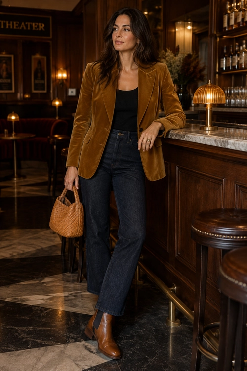 A woman wears a camel velvet blazer over a black top with dark jeans, brown ankle boots, and a woven brown handbag.