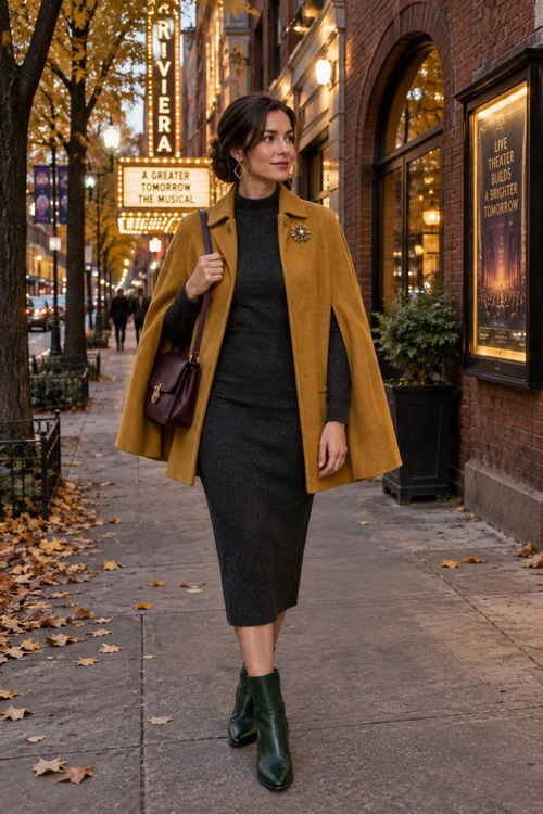 Camel Cape Coat with Charcoal Midi Dress A woman wears a camel cape coat over a charcoal high-neck midi dress with dark green ankle boots and a burgundy shoulder bag.