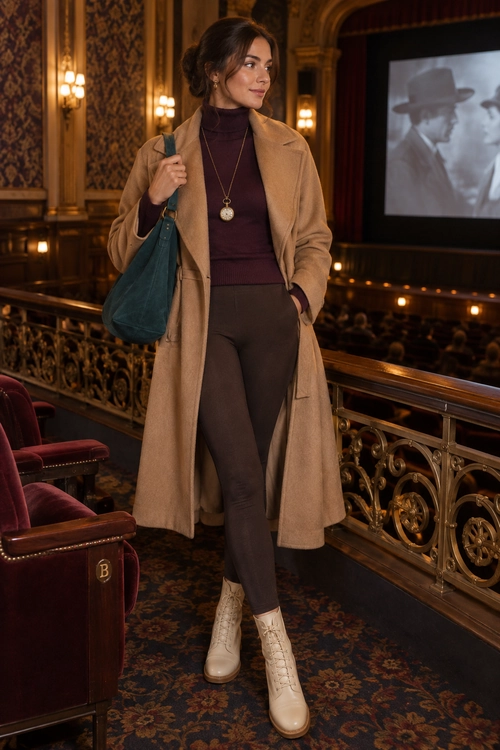 Person wearing a camel long coat over a burgundy turtleneck sweater with brown trousers, cream lace-up ankle boots, and a teal shoulder bag.