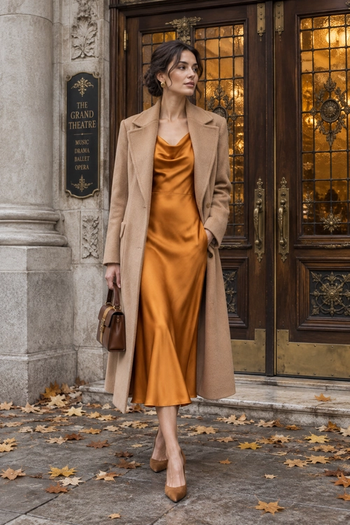 Camel Coat with Satin Midi Dress A woman wears a camel long coat over an orange satin midi dress with brown pointed-toe pumps and a structured brown handbag.