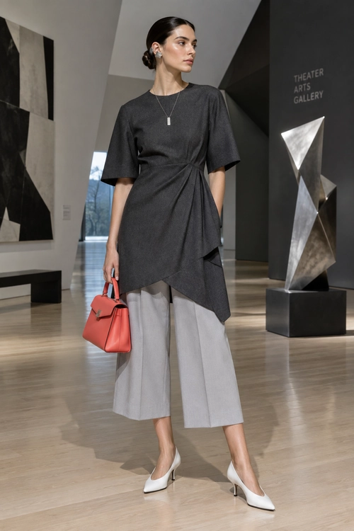 A charcoal asymmetric tunic with a gathered waist is styled with light gray cropped wide-leg trousers, white pointed heels, and a coral handbag.