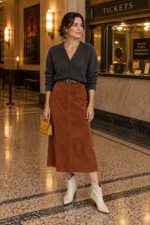 Charcoal Cardigan and Suede Midi Skirt Outfit A woman wears a charcoal cardigan with a brown suede midi skirt, cream ankle boots, and a mustard yellow handbag in a theater lobby.