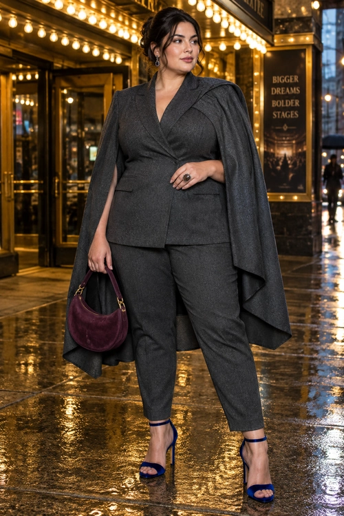 A woman wears a charcoal tailored suit with a draped cape, burgundy handbag, and blue strappy heels.