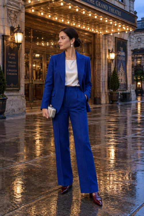 Cobalt Blue Tailored Suit Outfit Woman wearing a cobalt blue blazer and matching wide-leg trousers with a white top, burgundy shoes, and a silver clutch outside a theater.