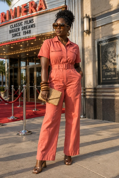 Woman wearing a coral short-sleeve belted jumpsuit with brown sunglasses, hoop earrings, stacked bangles, a woven clutch, and brown heeled sandals.