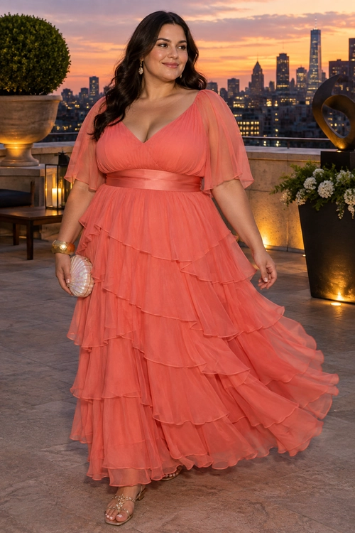 A woman wears a coral pink tiered maxi dress with sheer flutter sleeves, a V-neckline, a satin waist sash, and strappy sandals.
