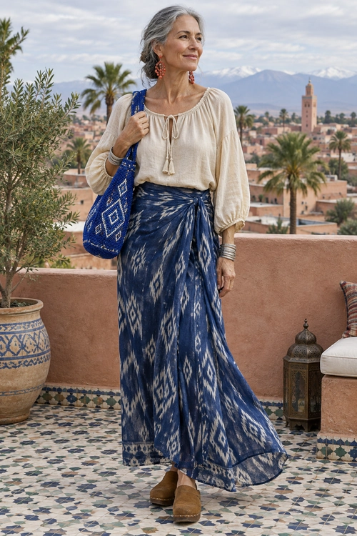 Cream Blouse and Blue Printed Maxi Skirt A woman wears a cream tie-neck blouse with a flowing blue patterned maxi skirt, blue woven tote, and brown platform sandals on a tiled terrace.
