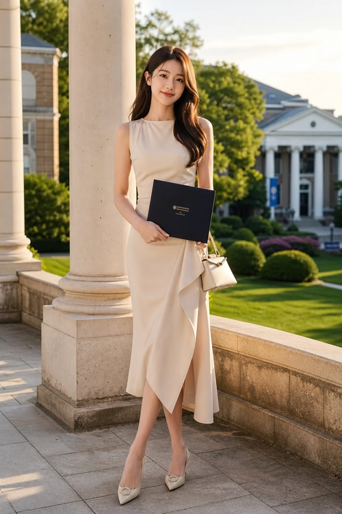 A woman wears a sleeveless cream midi dress with pointed pumps and carries a black folder and small white shoulder bag outdoors.