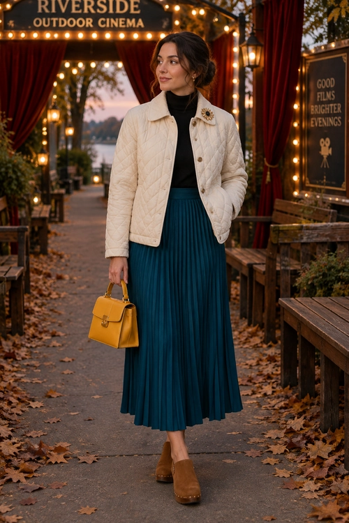 Woman wearing a cream quilted jacket over a black turtleneck with a teal pleated midi skirt, brown clogs, and a mustard handbag.