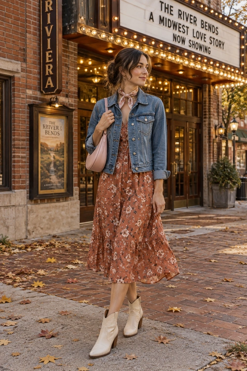 A woman wears a blue denim jacket over a rust floral midi dress with a pink scarf, pink shoulder bag, and cream ankle boots.